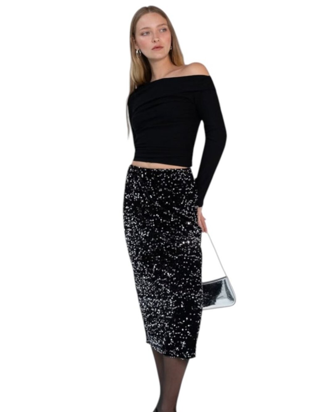 Oak + Fort Women’s Sequin Midi Skirt Size Large Black